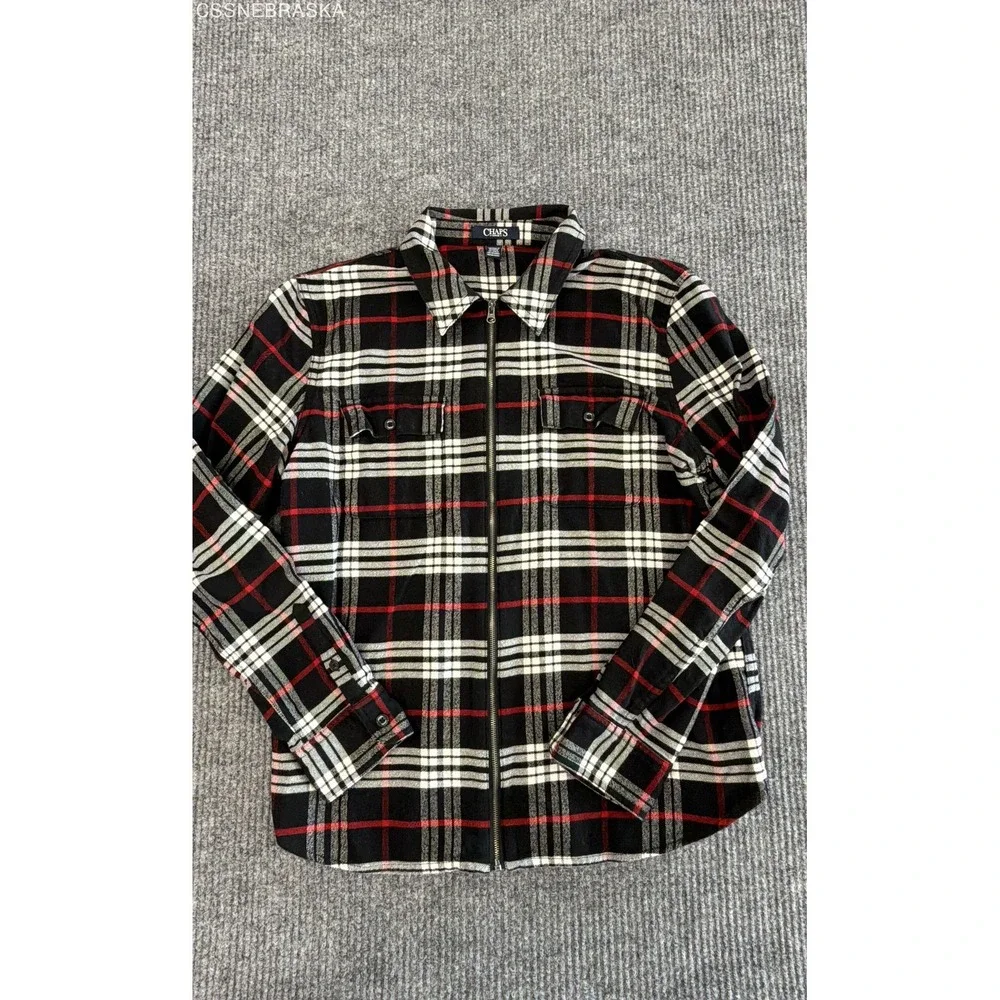 CHAPS Red Black White Womens Full Zip Flannel Shirt Jacket Plaid Long Sleeve - L